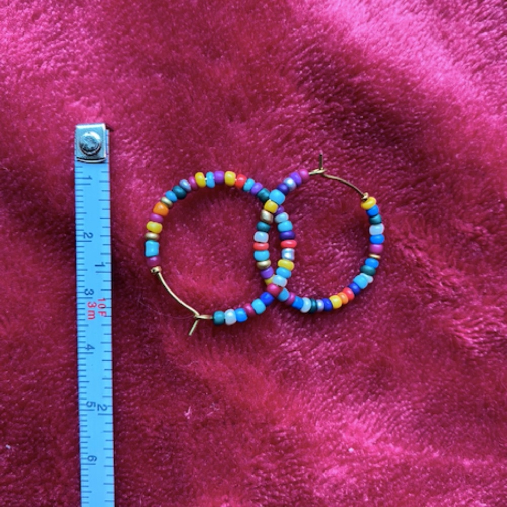 New handmade Rainbow seed bead hoop earrings